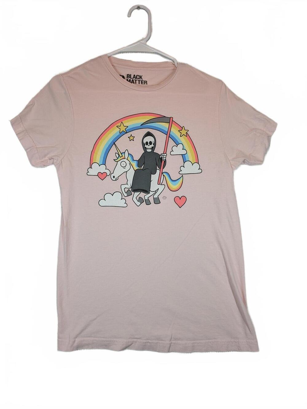 Black Matter Grim Reaper Unicorn Rainbow Cute Graphic Tee Womens Small Pink